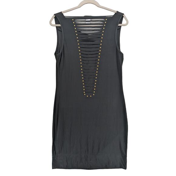 Venus Club‎ Cutout Back Dress M Black Drape Bodycon Studs Mini Party Sleeveless - Picture 2 of 9